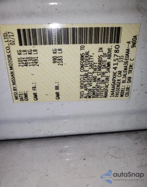 2017 Nissan Maxima 3.5S from USA, damaged, VIN 1N4AA6APXHC415780